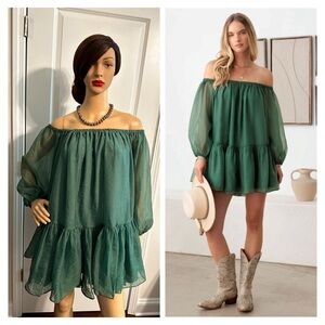NWT-Organza Long Off Shoulder Wide Sleeve Mini Dress